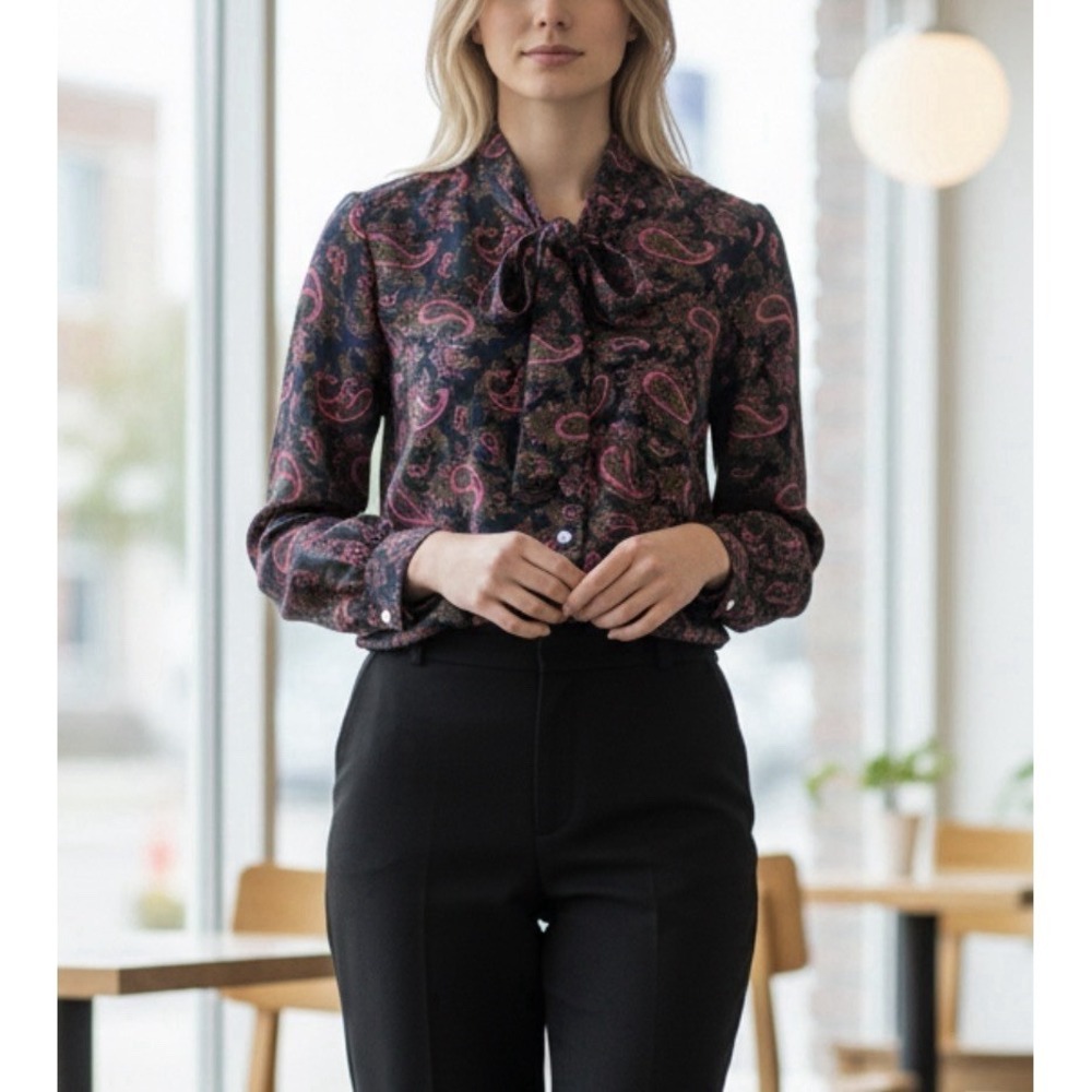 Brooks Brothers Paisley Tie Neck Blouse L Pink Navy Tie Neck Retro Career Top